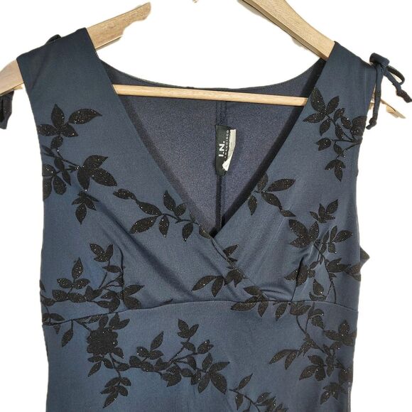 Y2K Navy Floral Mesh Overlay Dress Sleeveless Velvet Sparkle Party Size Large - Picture 2 of 9